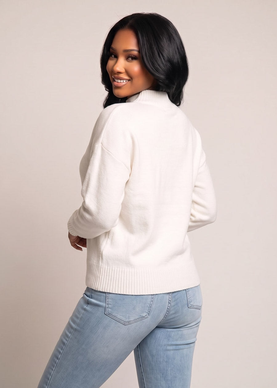 Mock Neck Long Sleeve Knit Sweater Ivory, view 2 of 4