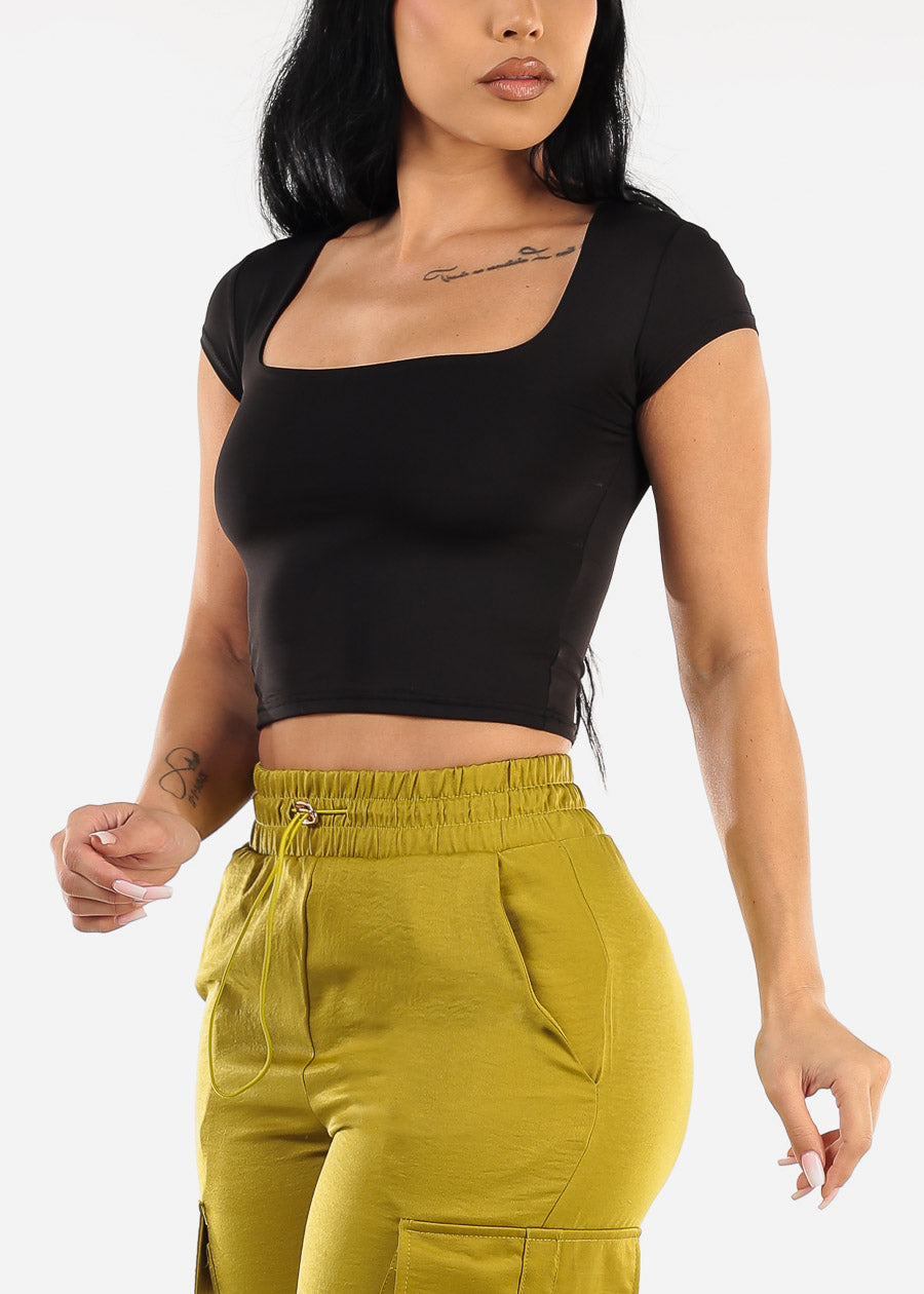 Double Layered Square Neck Black Crop Top