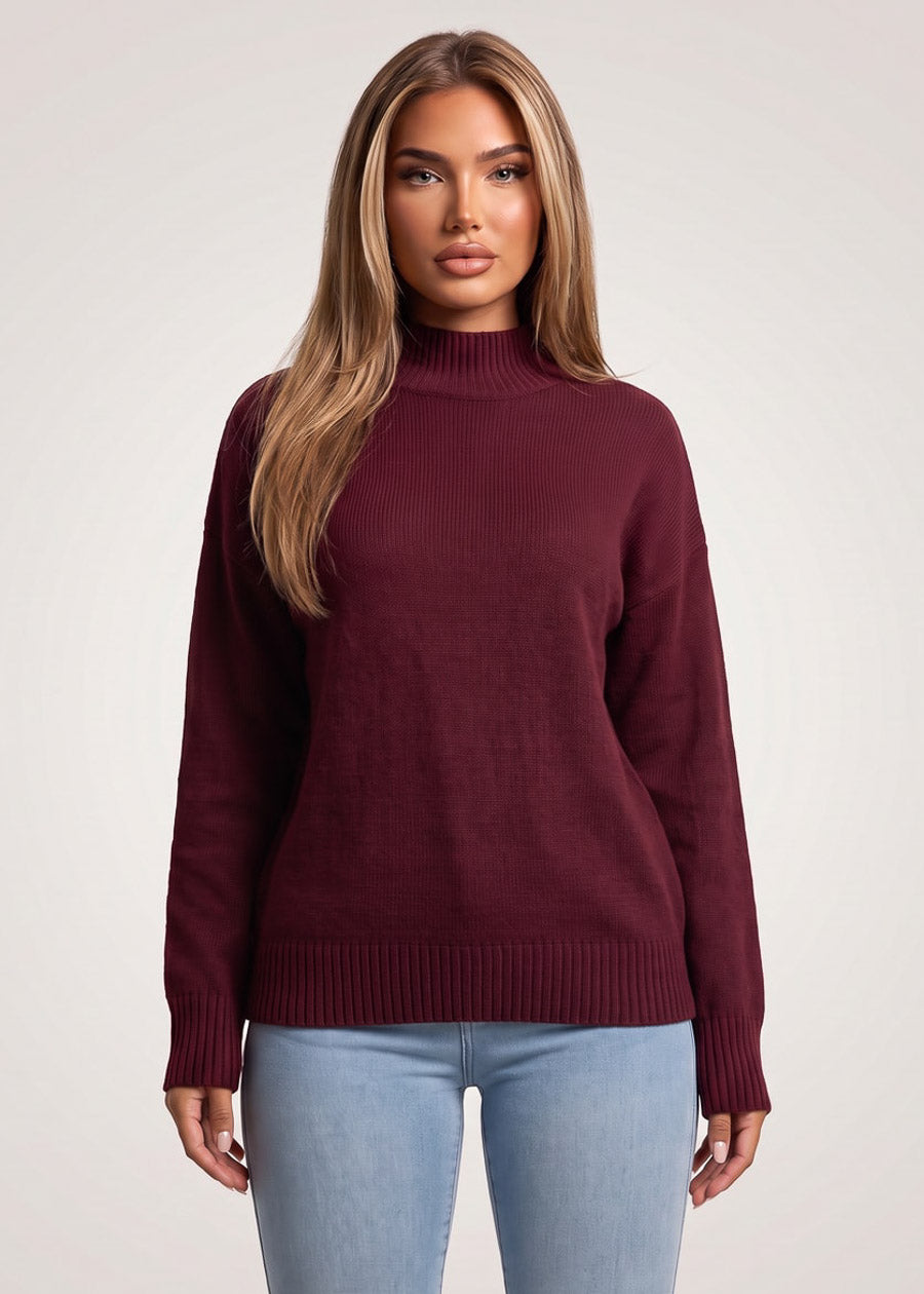 Mock Neck Long Sleeve Knit Sweater Burgundy, view 3 of 4