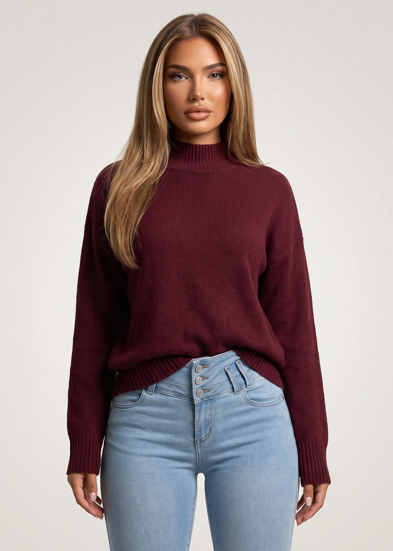 Mock Neck Long Sleeve Knit Sweater Burgundy
