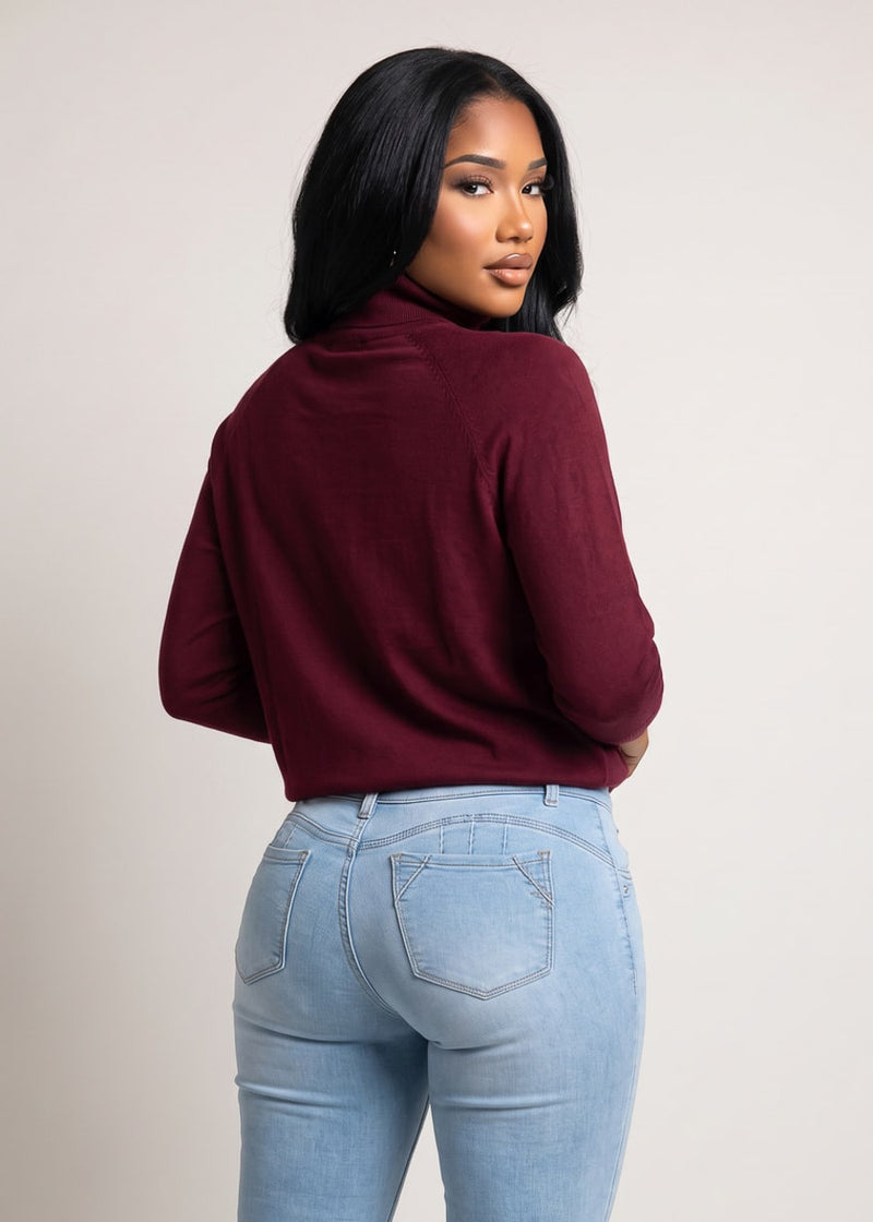 Turtleneck Batwing Long Sleeve Stretch Sweatshirt Burgundy