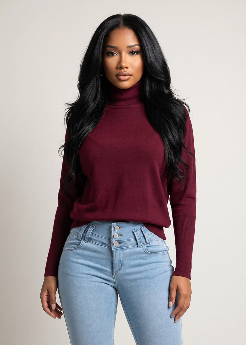 Turtleneck Batwing Long Sleeve Stretch Sweatshirt Burgundy