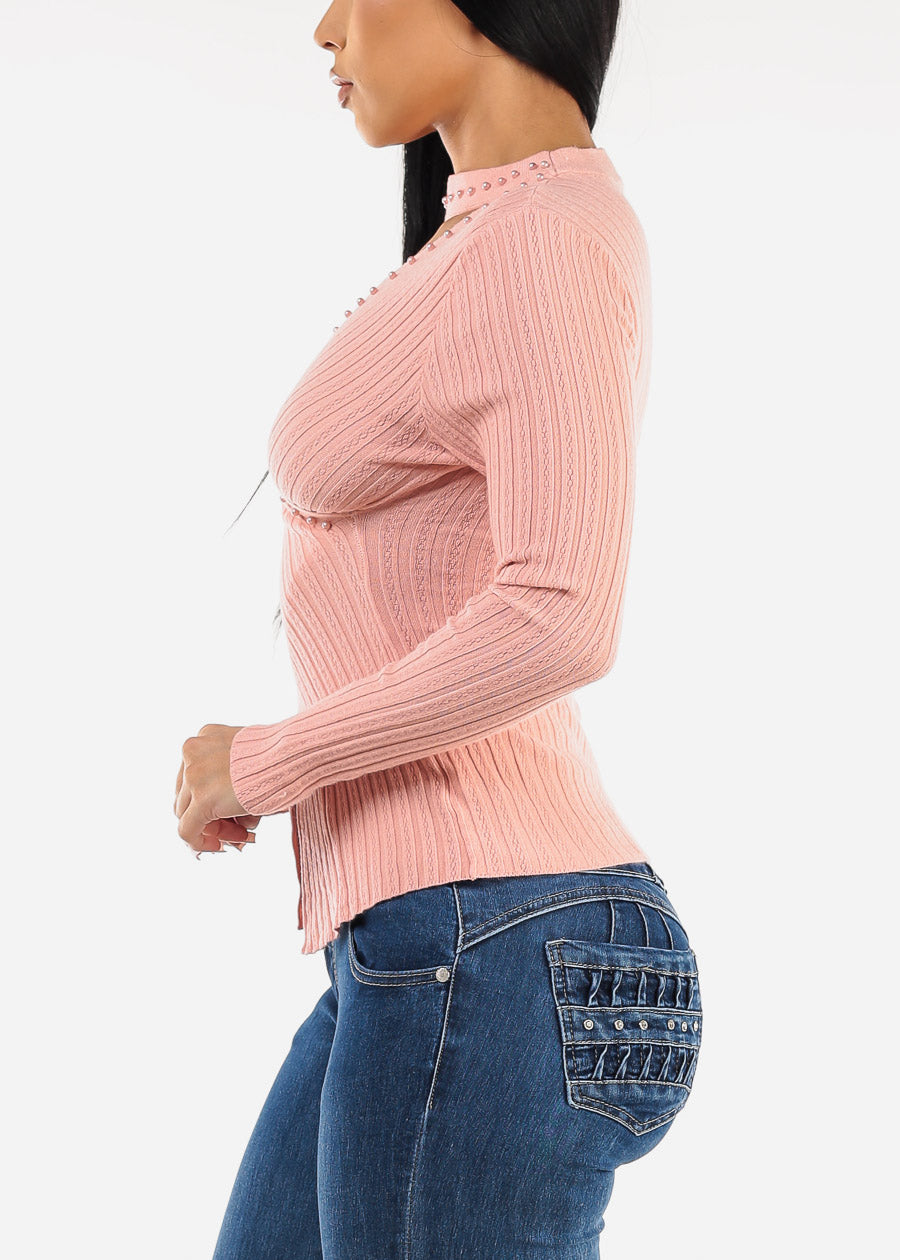 Long Sleeve Cut Out Cross Wrap Sweater Pink