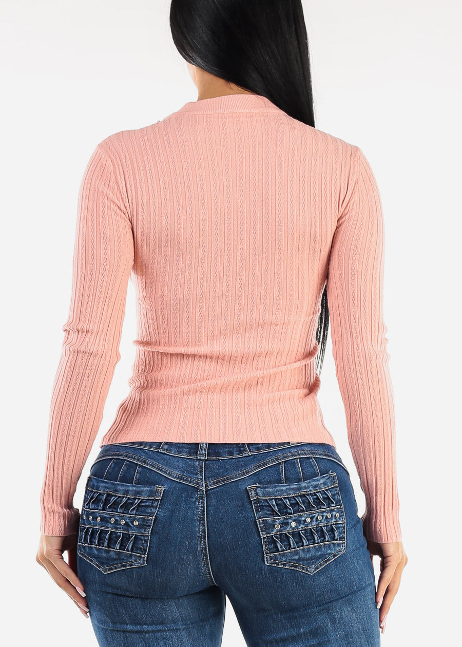 Long Sleeve Cut Out Cross Wrap Sweater Pink