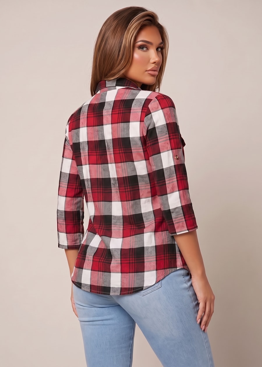 Quarter Sleeve Button Up Stretch Plaid Collared Blouse Ivory & Red, view 2 of 4