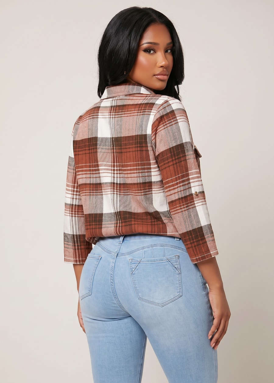 Quarter Sleeve Button Up Stretch Plaid Collared Blouse Ivory & Rust, view 2 of 4