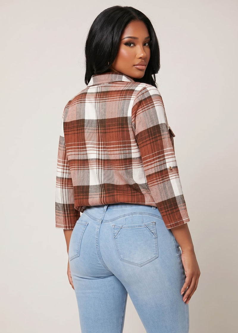 Quarter Sleeve Button Up Stretch Plaid Collared Blouse Ivory & Rust