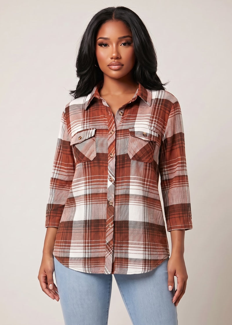Quarter Sleeve Button Up Stretch Plaid Collared Blouse Ivory & Rust