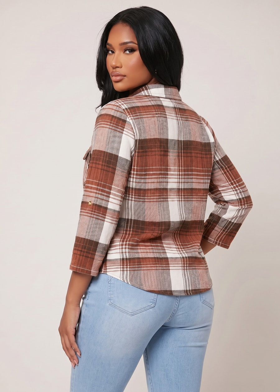 Quarter Sleeve Button Up Stretch Plaid Collared Blouse Ivory & Rust, view 4 of 4