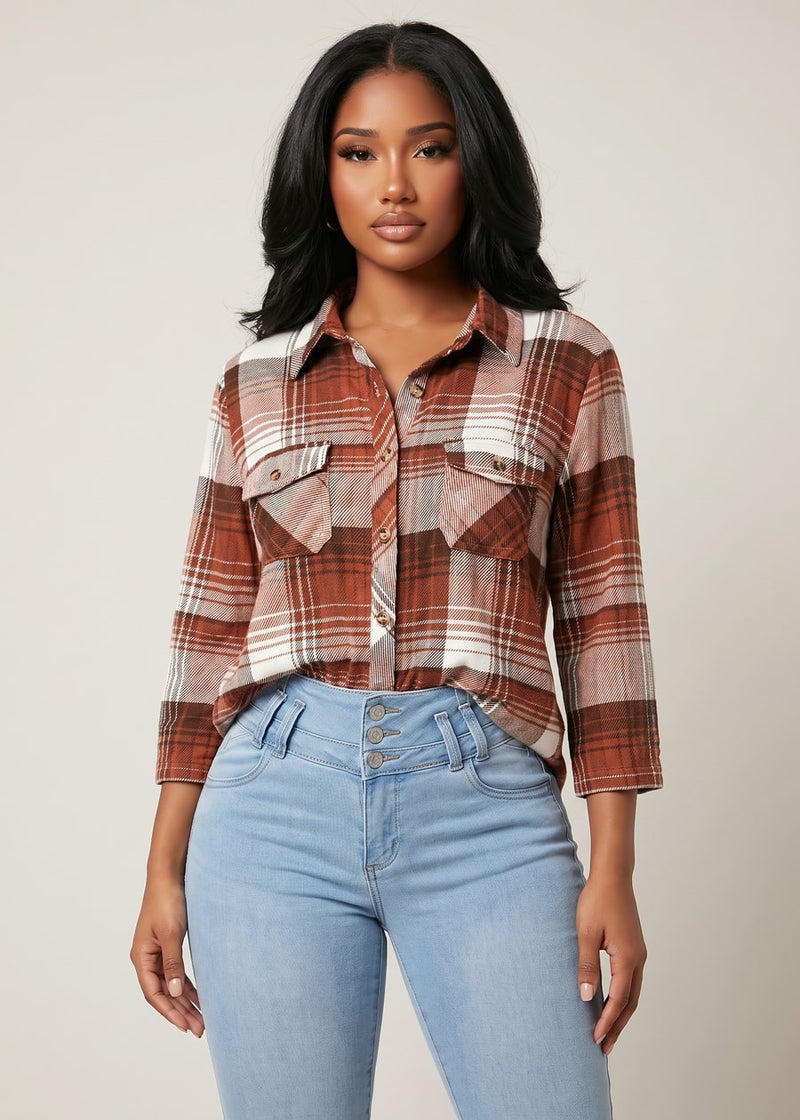 Quarter Sleeve Button Up Stretch Plaid Collared Blouse Ivory & Rust