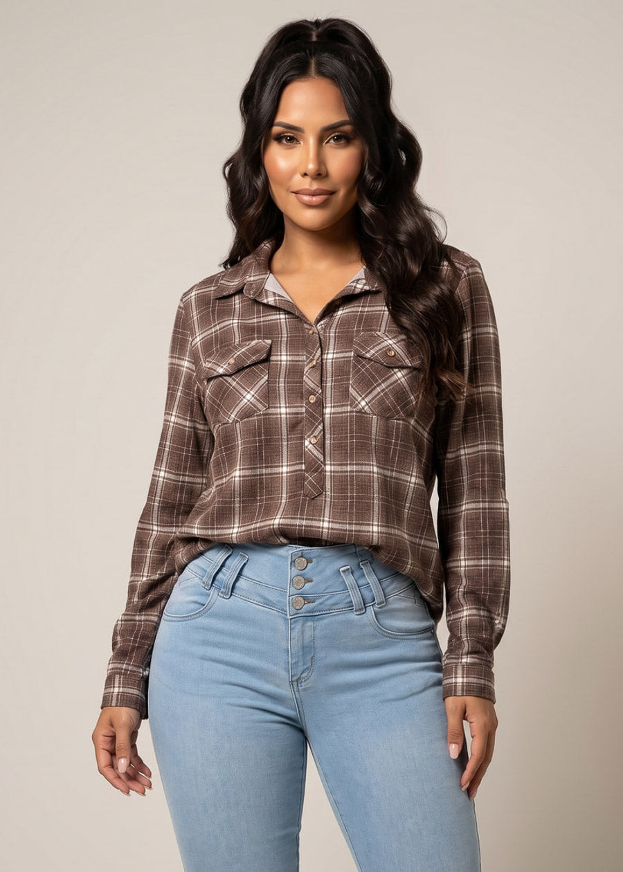 Long Sleeve Button Up Stretch Plaid Collared Blouse Brown, view 3 of 4
