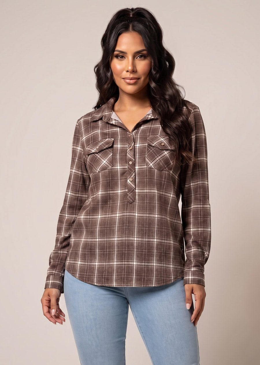 Long Sleeve Button Up Stretch Plaid Collared Blouse Brown, view 1 of 4