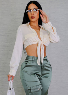 Long Sleeve Button Up Satin Crop Top Ivory