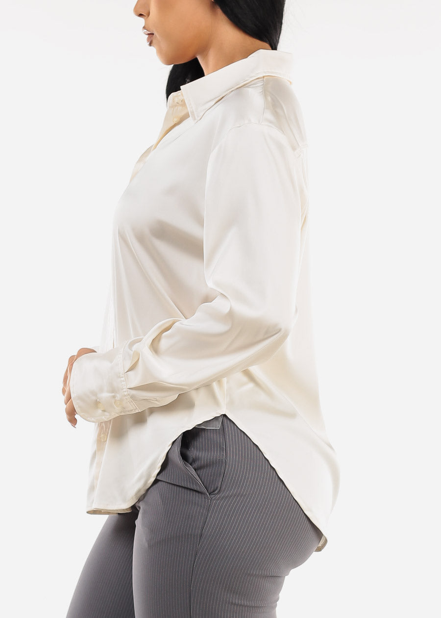 Long Sleeve Button Up Satin Blouse Ivory