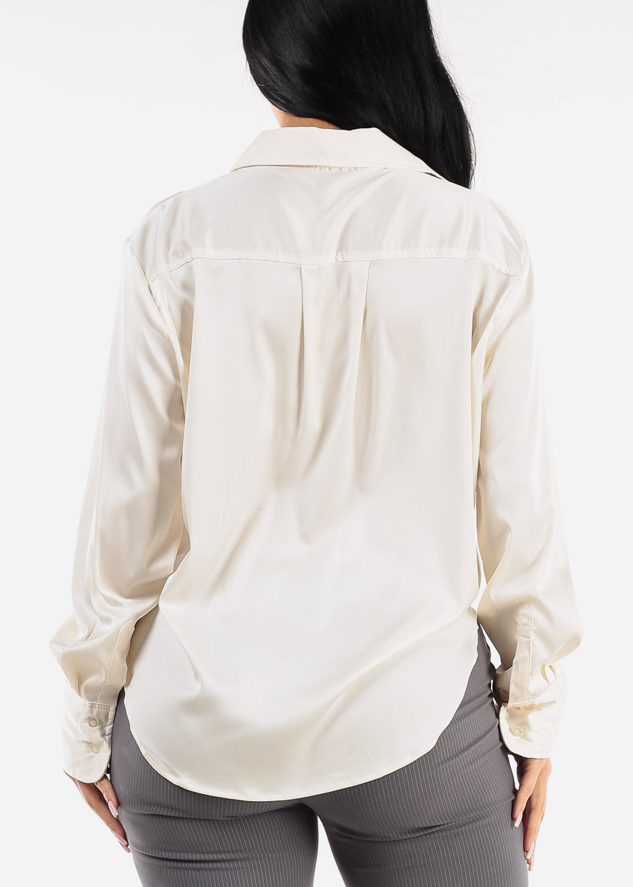 Long Sleeve Button Up Satin Blouse Ivory