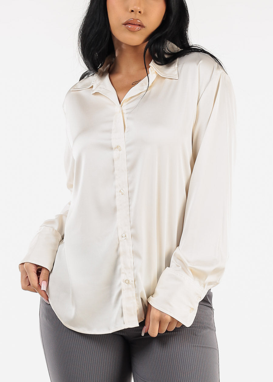 Long Sleeve Button Up Satin Blouse Ivory