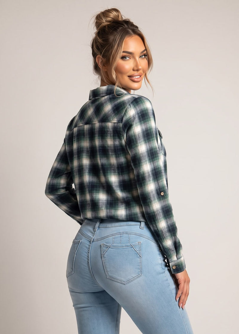 Long Sleeve Button Up Stretch Plaid Collared Blouse Navy & Green