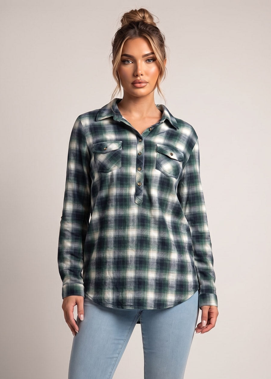Long Sleeve Button Up Stretch Plaid Collared Blouse Navy & Green, view 3 of 4