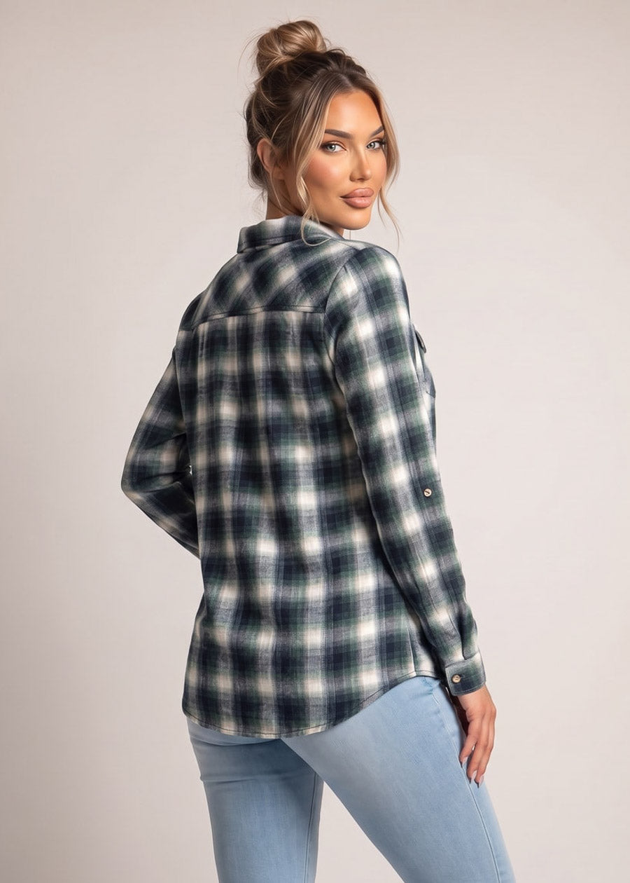 Long Sleeve Button Up Stretch Plaid Collared Blouse Navy & Green, view 4 of 4