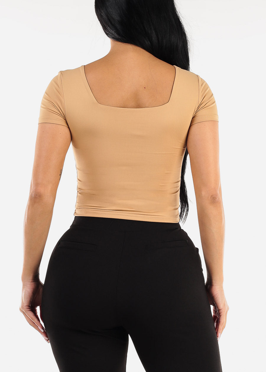 Double Layered Square Neck Crop Top Nude