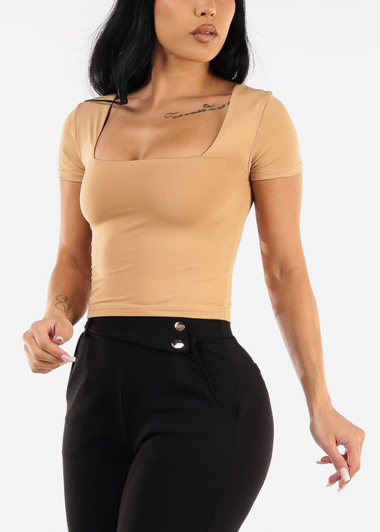 Double Layered Square Neck Crop Top Nude