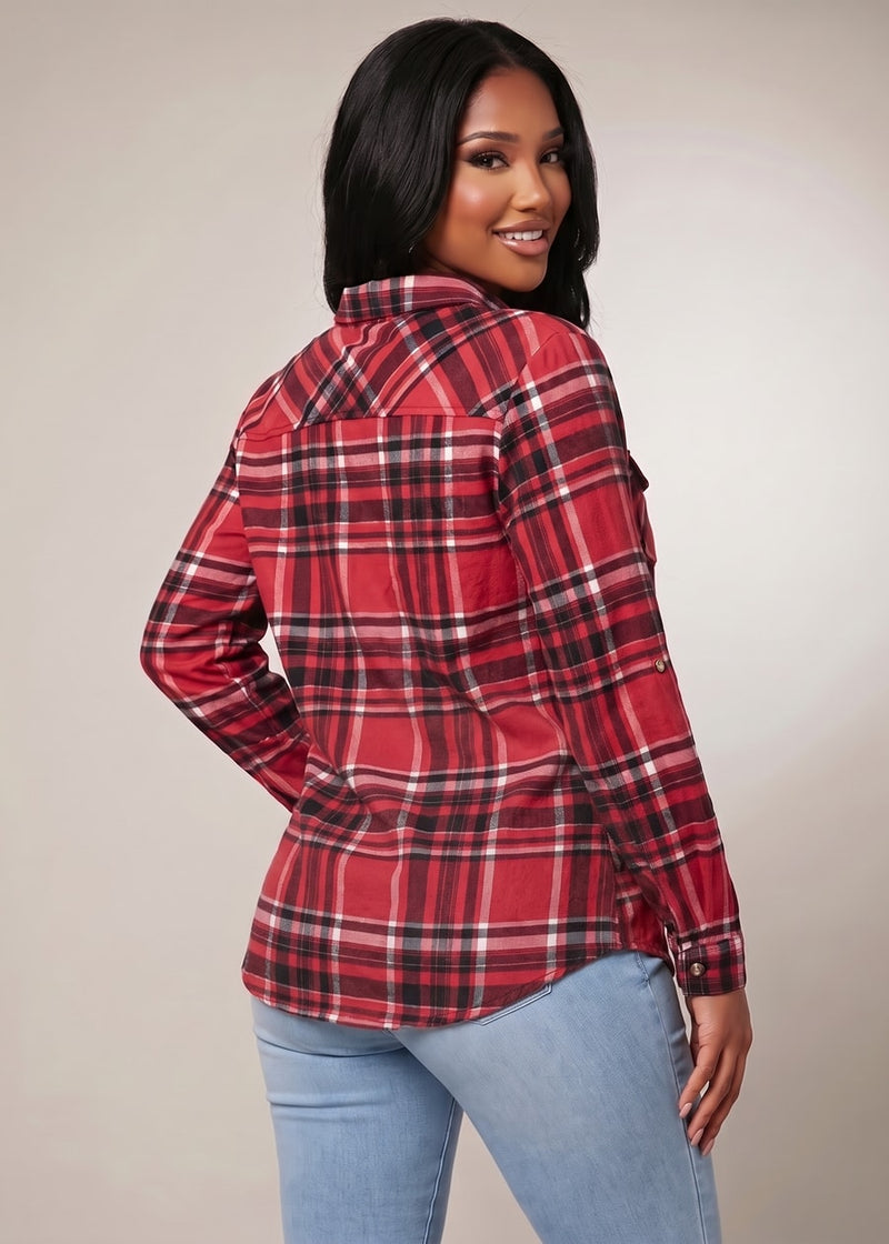 Long Sleeve Button Up Stretch Plaid Collared Blouse Red