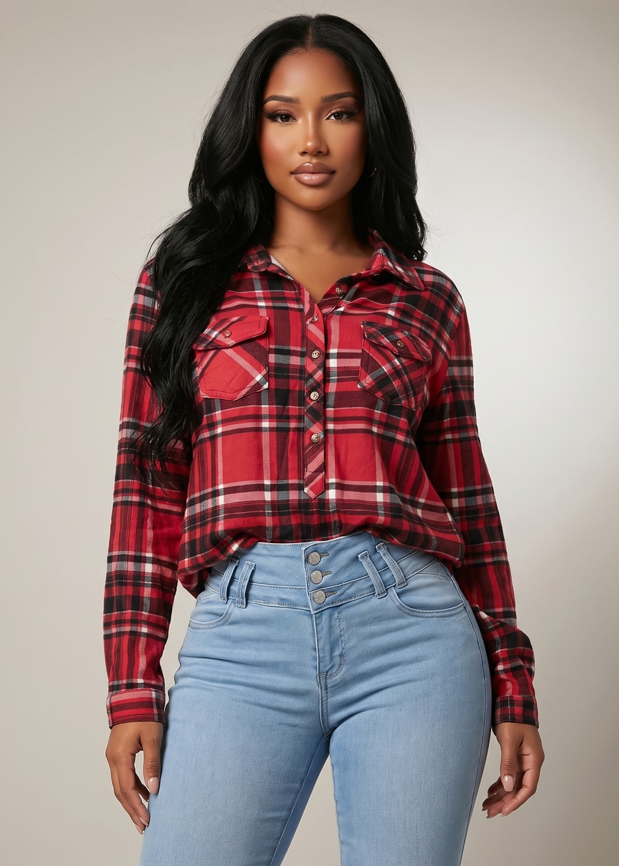 Long Sleeve Button Up Stretch Plaid Collared Blouse Red, view 3 of 4