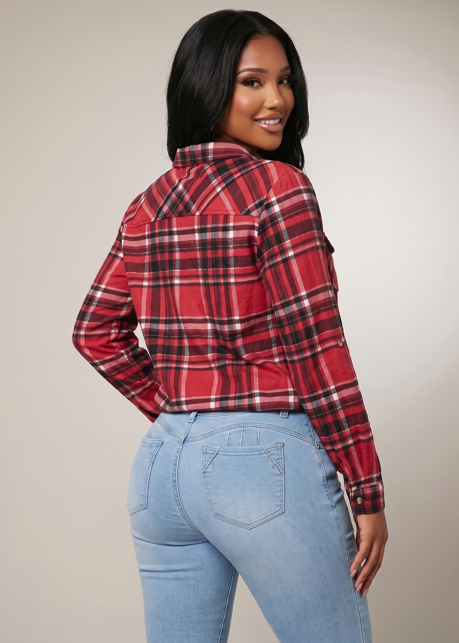 Long Sleeve Button Up Stretch Plaid Collared Blouse Red, view 4 of 4
