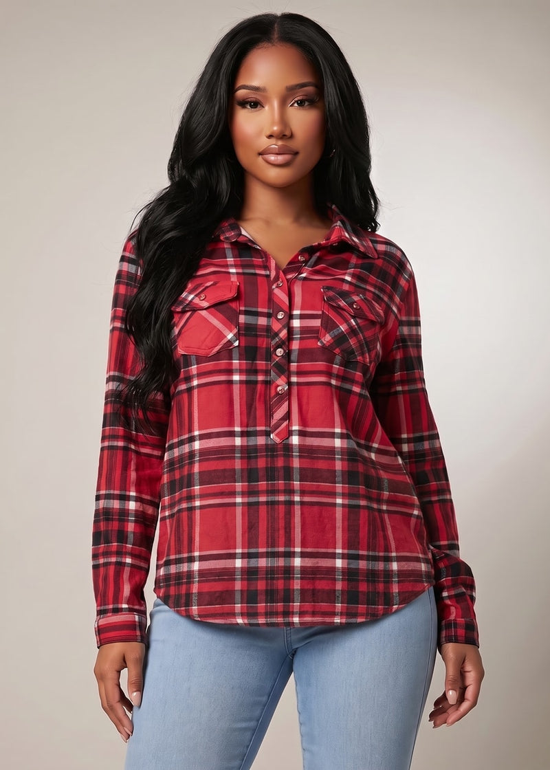 Long Sleeve Button Up Stretch Plaid Collared Blouse Red