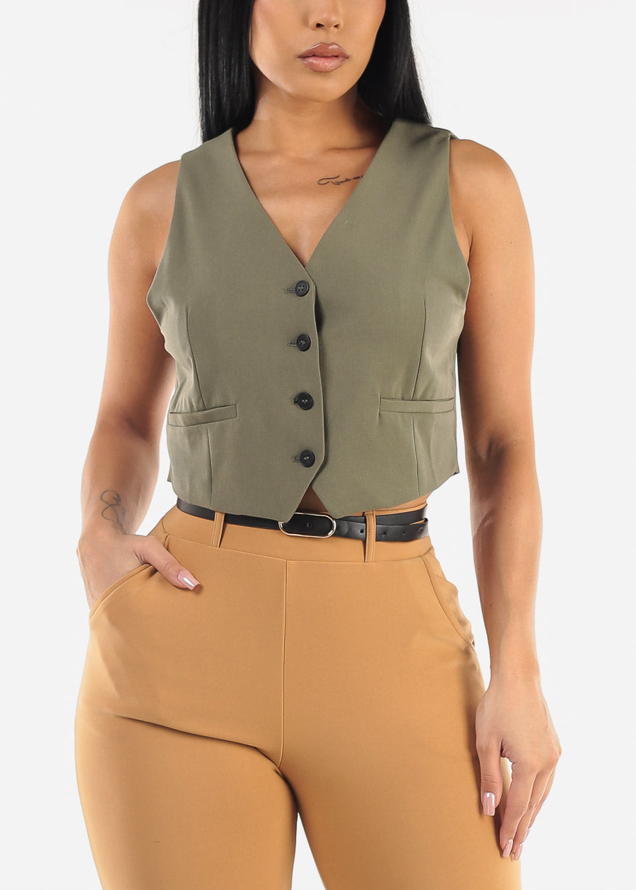 Sleeveless Button Up Olive Vest