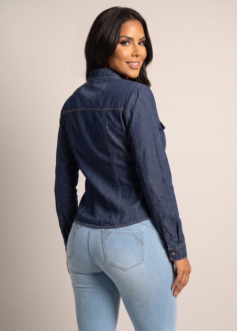 Long Sleeve Button Up Denim Stretch Collared Blouse