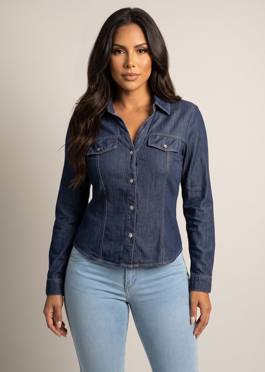 Long Sleeve Button Up Denim Stretch Collared Blouse, view 1 of 2