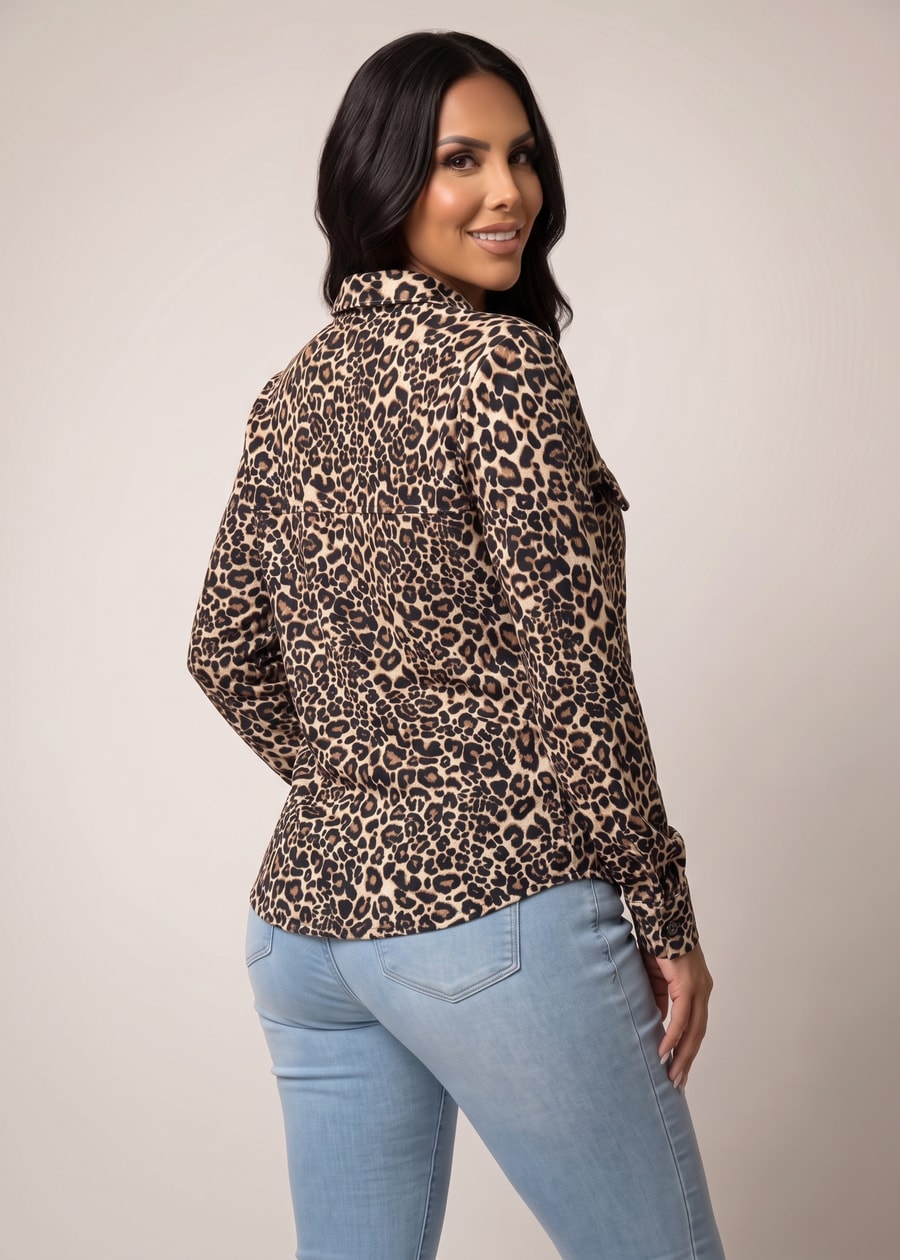 Long Sleeve Half Zip Up Stretch Leopard Print Blouse, view 2 of 4