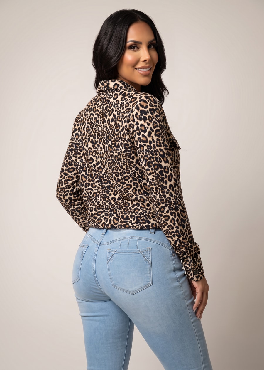 Long Sleeve Half Zip Up Stretch Leopard Print Blouse, view 4 of 4