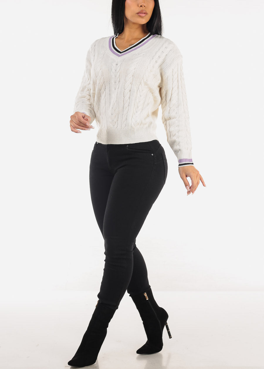 Long Sleeve V-Neck Cable Knit Sweater Ivory