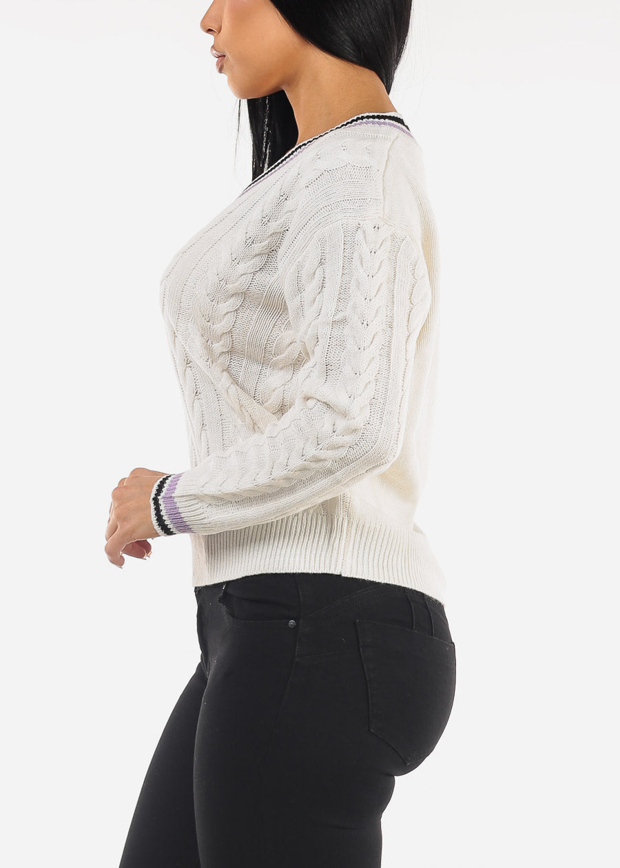 Long Sleeve V-Neck Cable Knit Sweater Ivory