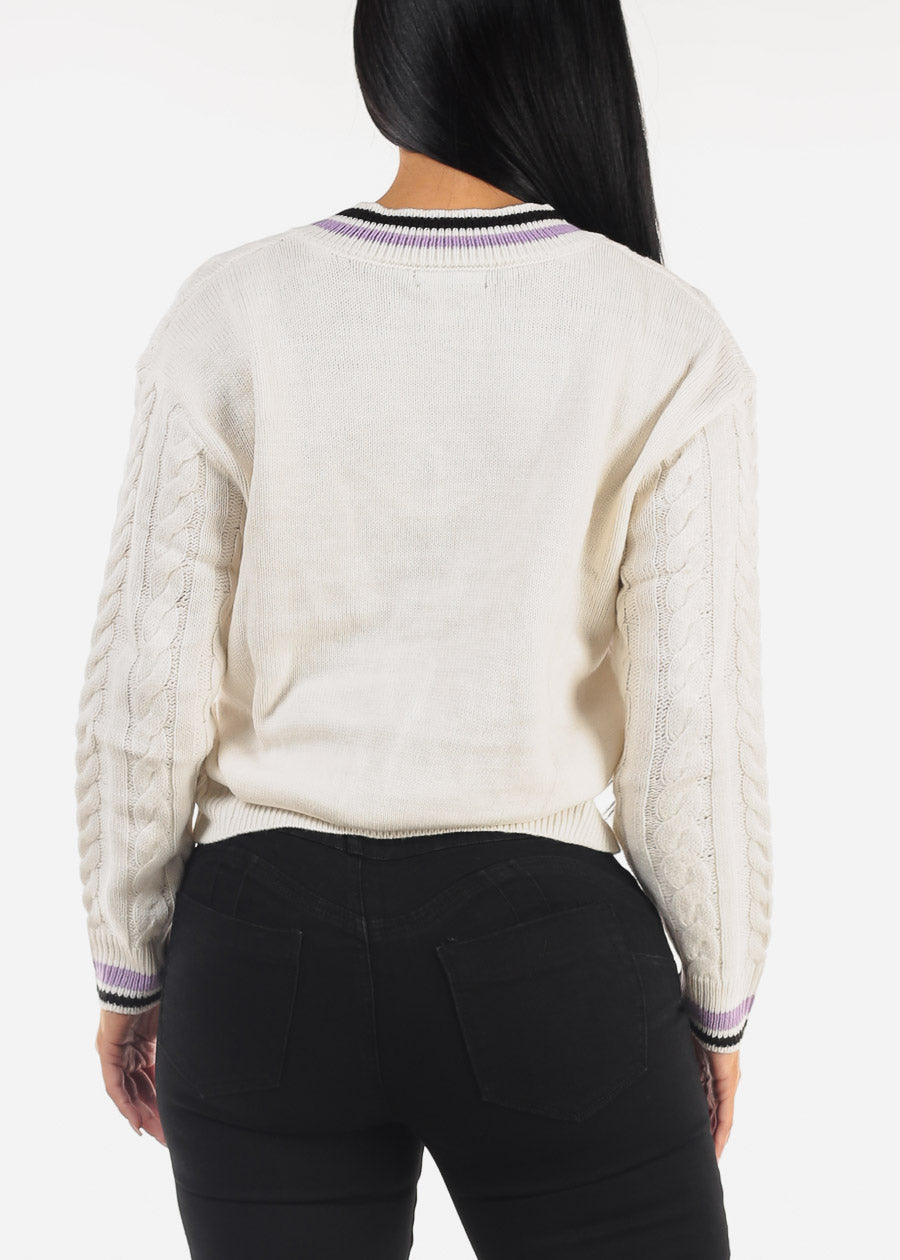 Long Sleeve V-Neck Cable Knit Sweater Ivory