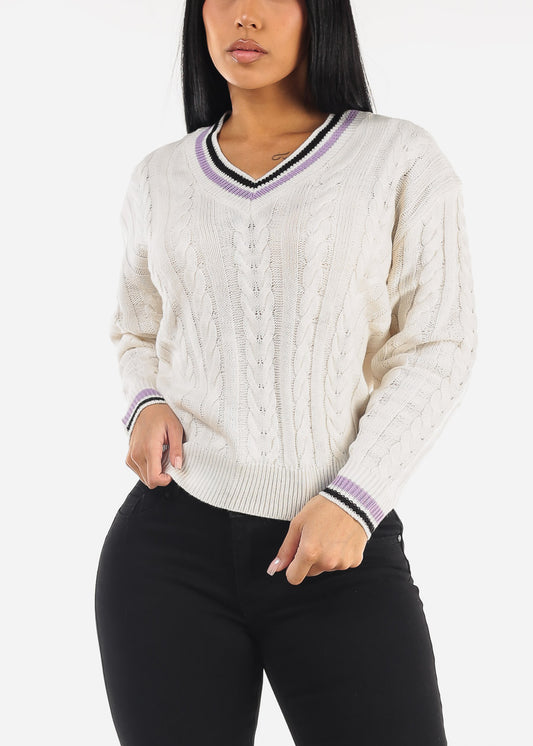 Long Sleeve V-Neck Cable Knit Sweater Ivory