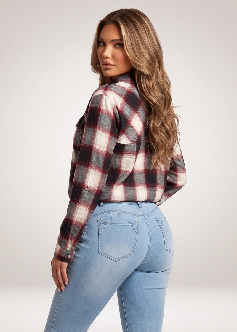 Long Sleeve Half Zip Up Stretch Plaid Blouse Black & Ivory