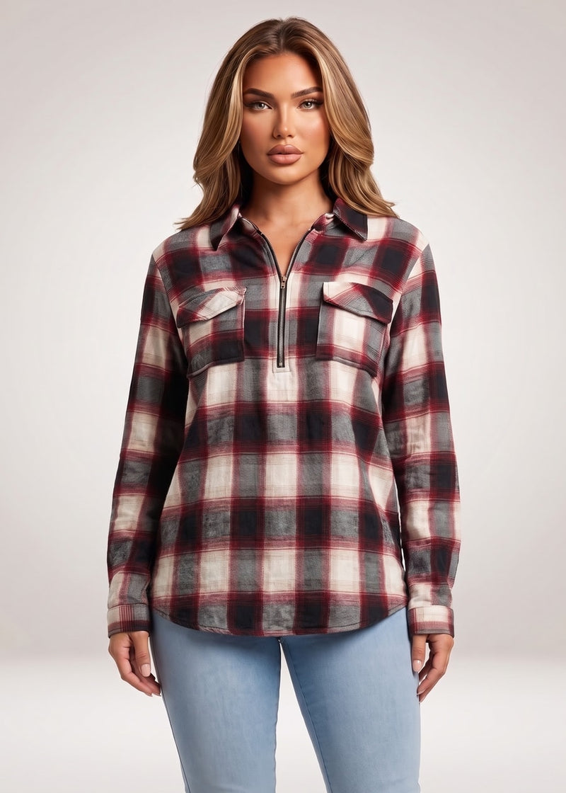 Long Sleeve Half Zip Up Stretch Plaid Blouse Black & Ivory