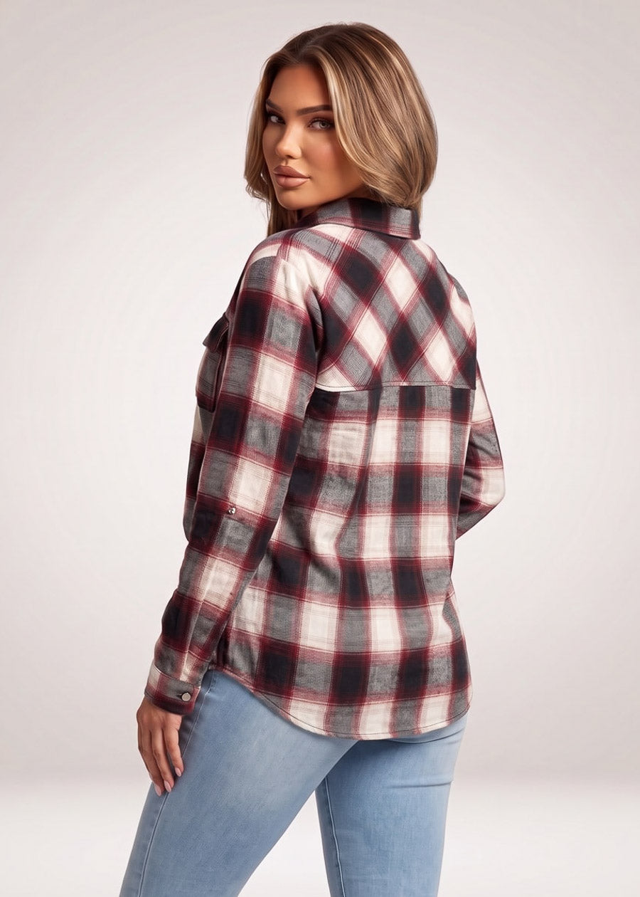 Long Sleeve Half Zip Up Stretch Plaid Blouse Black & Ivory, view 4 of 4