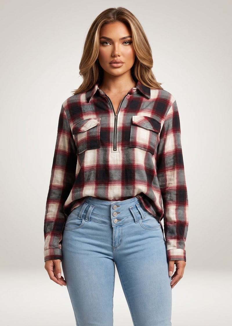 Long Sleeve Half Zip Up Stretch Plaid Blouse Black & Ivory