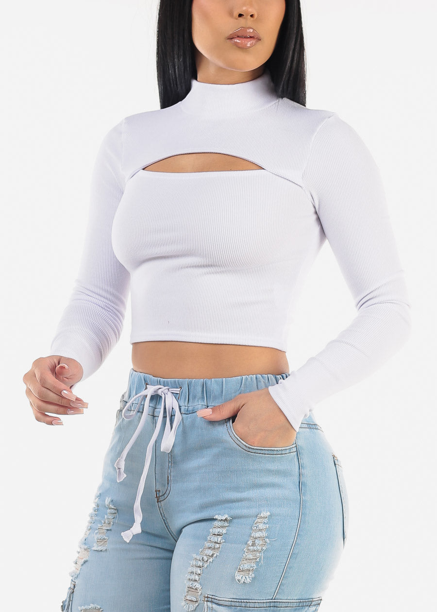 Long Sleeve White Mock Neck Cut Out Crop Top