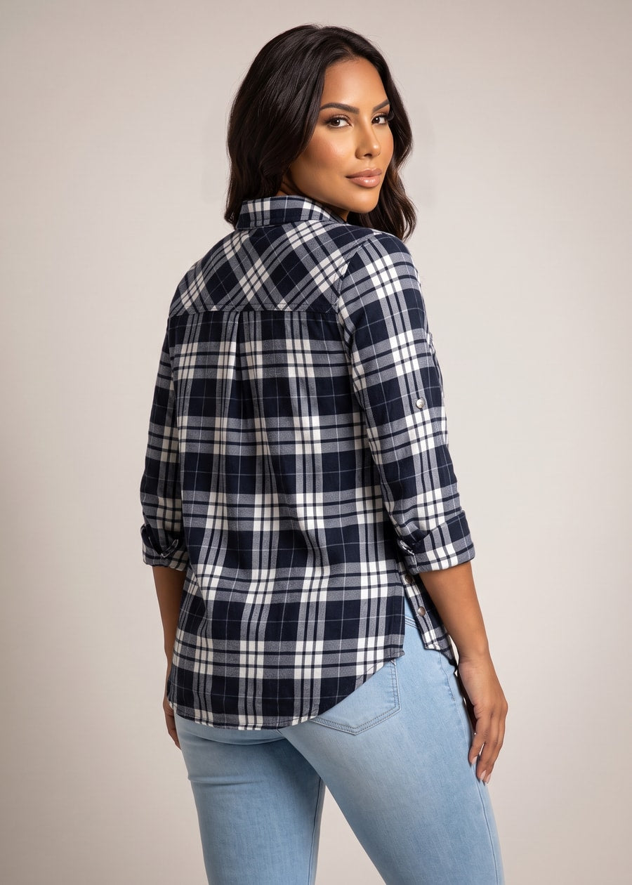 Quarter Sleeve Button Up Stretch Plaid Blouse Navy w Side Buttons, view 2 of 2
