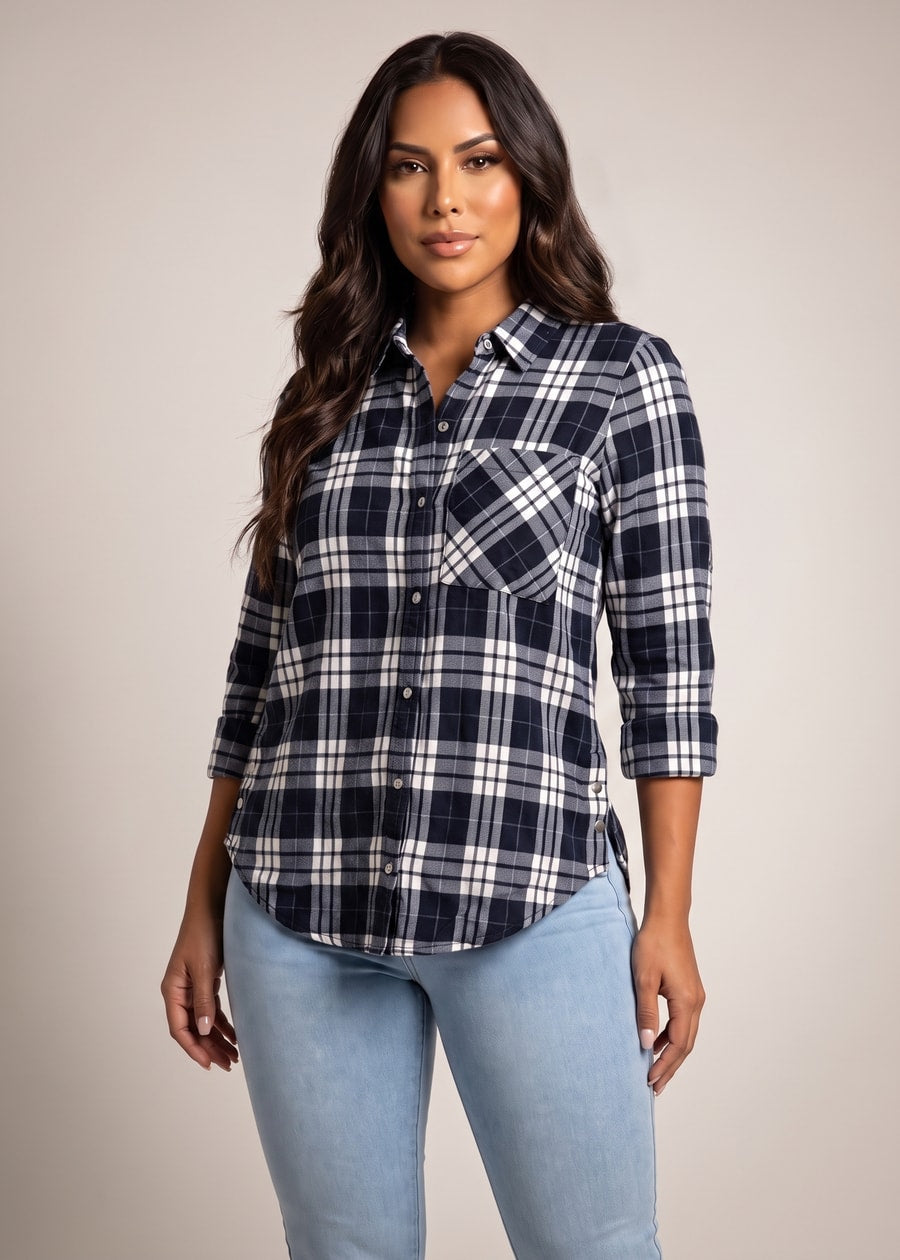 Quarter Sleeve Button Up Stretch Plaid Blouse Navy w Side Buttons