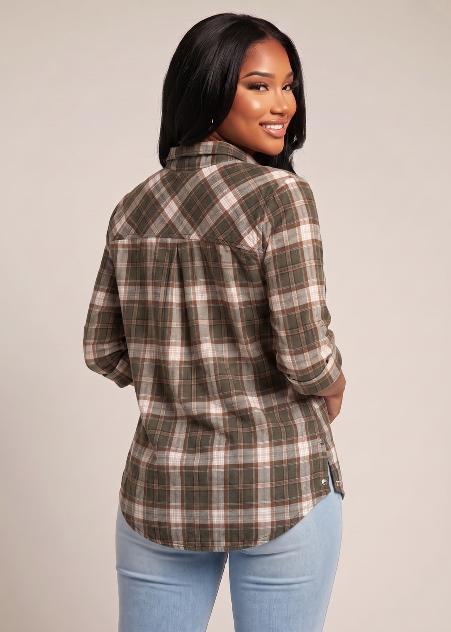 Quarter Sleeve Button Up Stretch Plaid Blouse Olive w Side Buttons, view 2 of 2