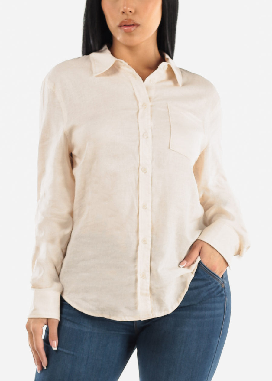 Linen Long Sleeve Button Up Shirt Beige