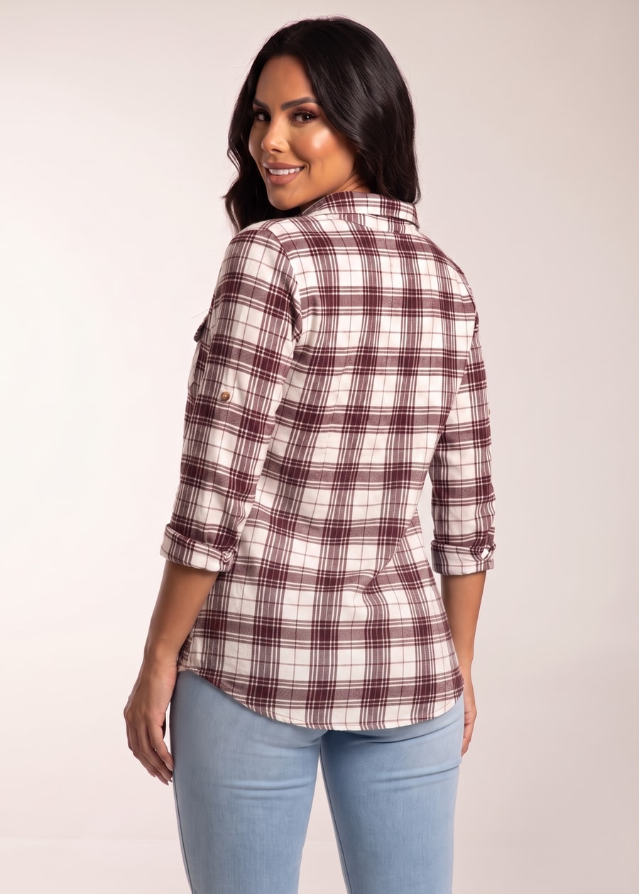 Quarter Sleeve Button Up Stretch Plaid Collared Blouse Ivory & Rose Chocolate, view 4 of 4