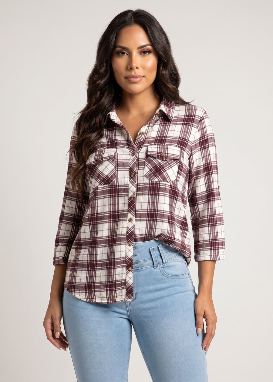 Quarter Sleeve Button Up Stretch Plaid Collared Blouse Ivory & Rose Chocolate, view 1 of 4