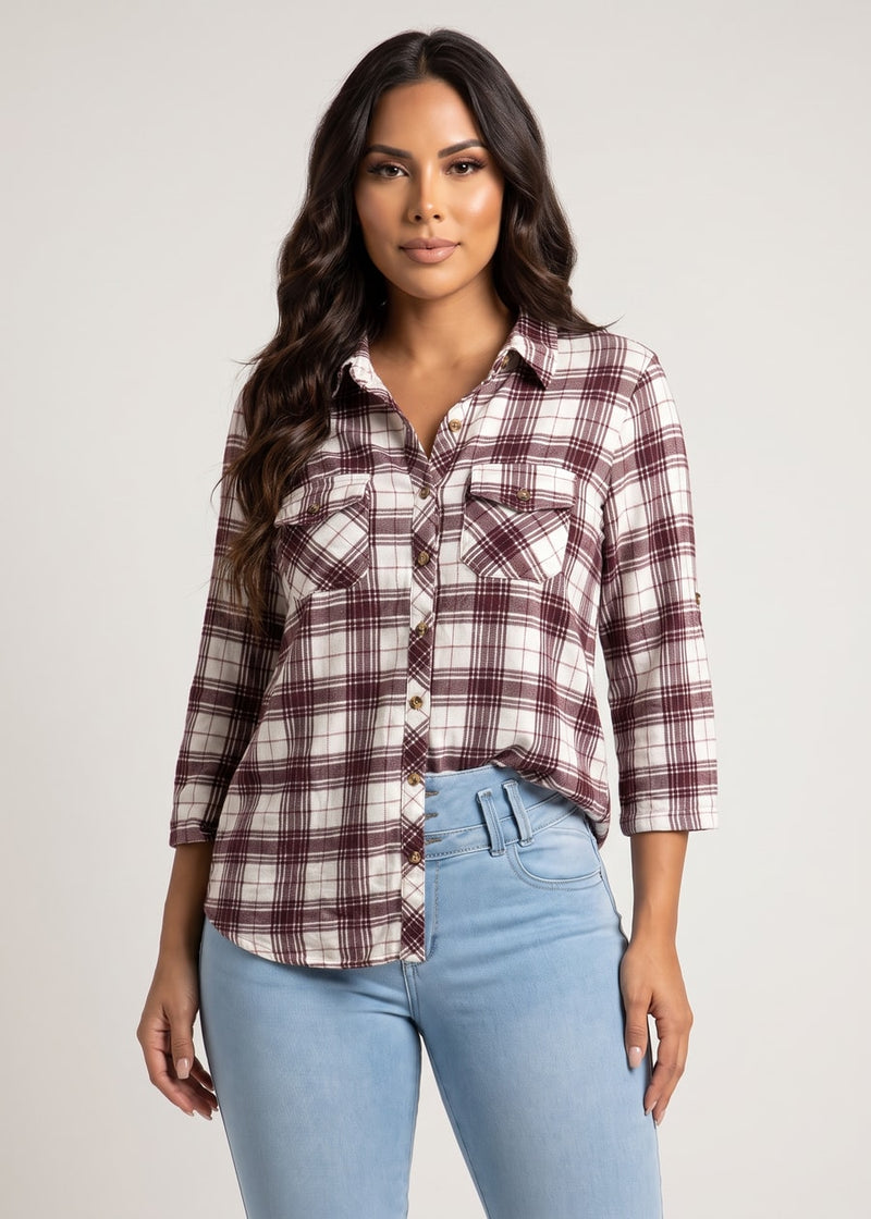 Quarter Sleeve Button Up Stretch Plaid Collared Blouse Ivory & Rose Chocolate